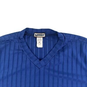 YMLA Shirt Mens XL Blue‎ Ribbed V Neck T Short Sleeve Rave Disco 90s Made in USA